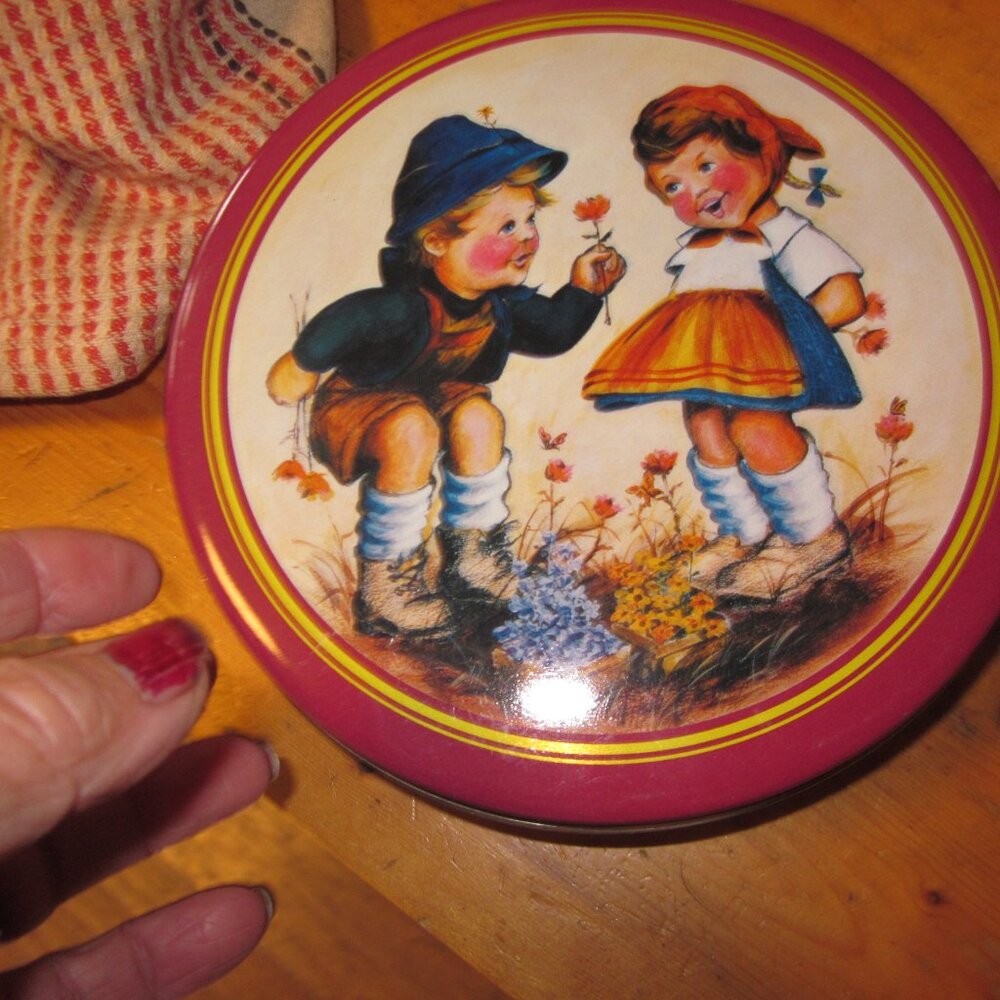 vintage cookie tin kids and flowers 70s cottage core